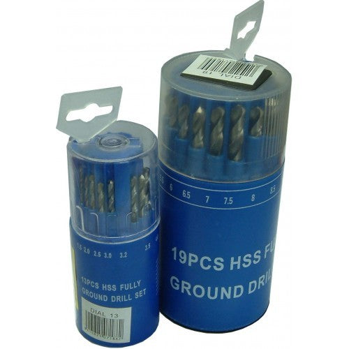 19-piece Dial-A-Drill set with fully ground H.S.S bits, 1mm to 10mm, featuring easy-dial selection for organized storage.