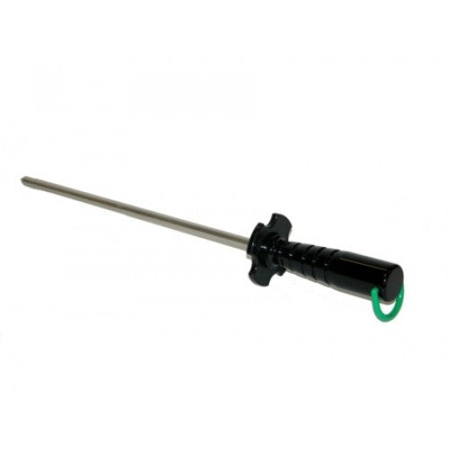 Diamond sharpening steel with a fast honing surface, 12" length, color-coded grit ring, and secure black plastic handle.