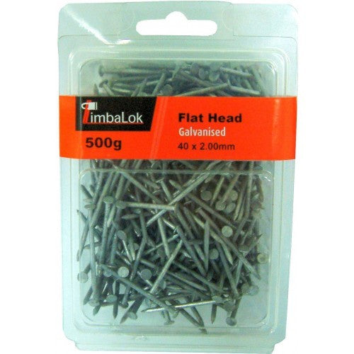 Flat Head Galv Nails, 500g pack, 50mm x 2.5mm; durable galvanized nails with large flat heads for strong surface holding power.