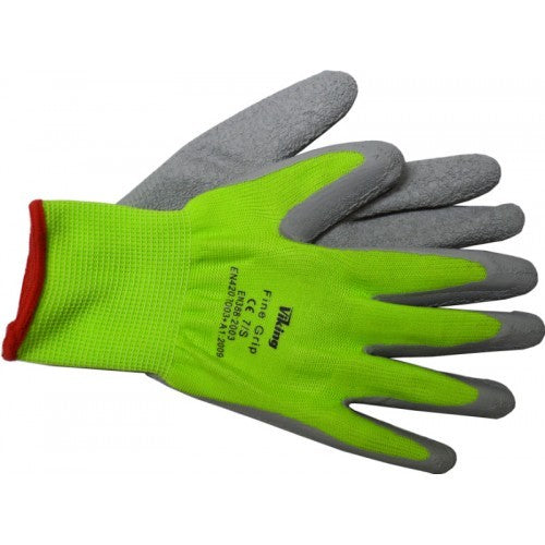 Viking Finegrip Gloves, Large size, 12 pairs, featuring roughened palm for grip, stretchy material for sensitivity and high visibility.