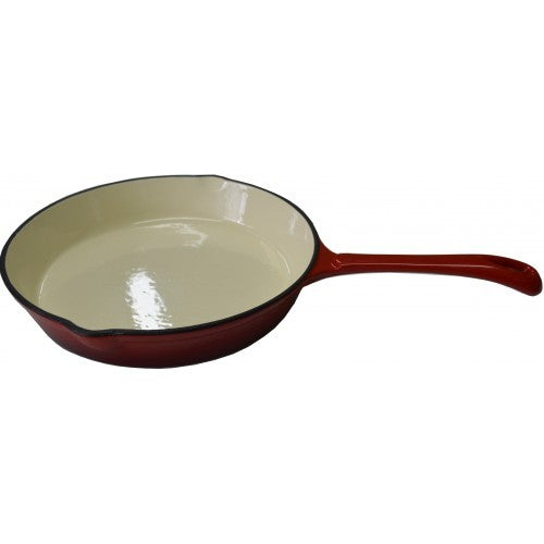 Red and white enameled cast iron frypan, 25cm, perfect for searing and baking with easy cleanup and stylish design.