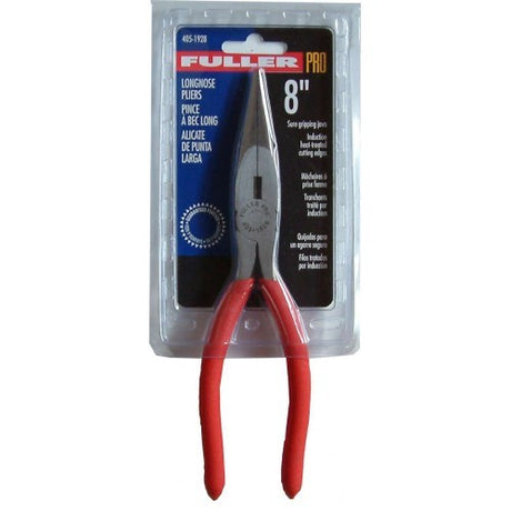 8-inch Long Nose Pliers with insulated handles, strong jaws for gripping, and a slim head for precision in tight spaces.