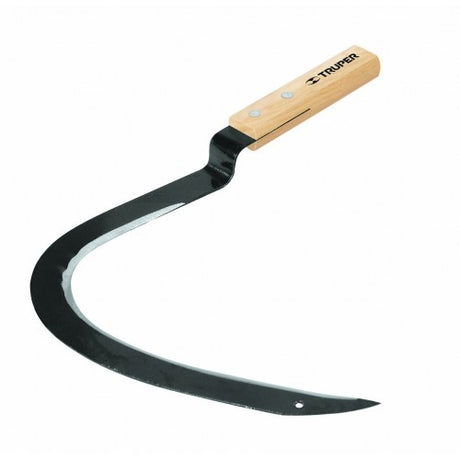 Reap Hook Truper GR-HO with cranked steel blade and ergonomic wood handle, ideal for cutting grass and harvesting crops.