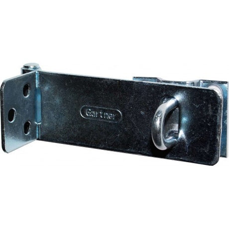 Zinc-plated 115mm hasp and staple for enhanced security of doors, cupboards, and sheds; easy installation with covered screws.