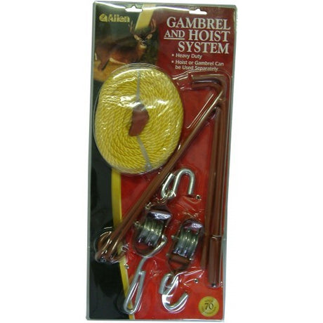 Rope Hoist & Gambrel Set with 440lb capacity, featuring heavy-duty steel, twin pulleys, and 11.5m rope for efficient game lifting.