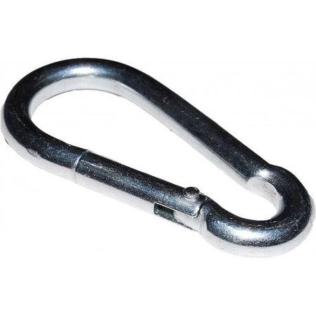 Zinc plated steel pear-shaped karabiners, 100 x 10mm, featuring spring-loaded, self-closing mechanisms for secure attachment.