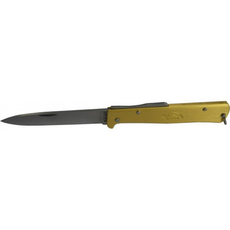 Genuine Mercator pocket knife with a brass body, featuring a 90mm carbon steel blade and elegant, durable design.