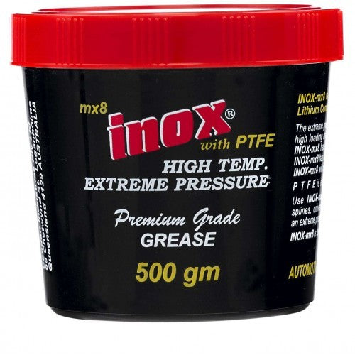 Inox MX8 PTFE Grease 500g tub designed for high-temp lubrication, featuring anti-friction and corrosion protection for diverse applications.