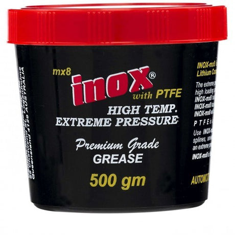 Inox MX8 PTFE Grease 500g tub designed for high-temp lubrication, featuring anti-friction and corrosion protection for diverse applications.