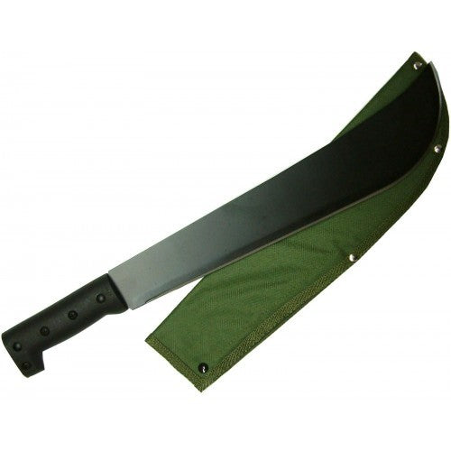 Heavy-duty 14" curved machette with durable steel blade and comfortable anti-slip handle, includes canvas sheath for storage.