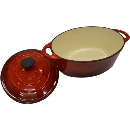 Elegant red and white cast iron casserole dish, 30cm, ideal for slow-cooking, with self-basting lid and versatile stovetop compatibility.