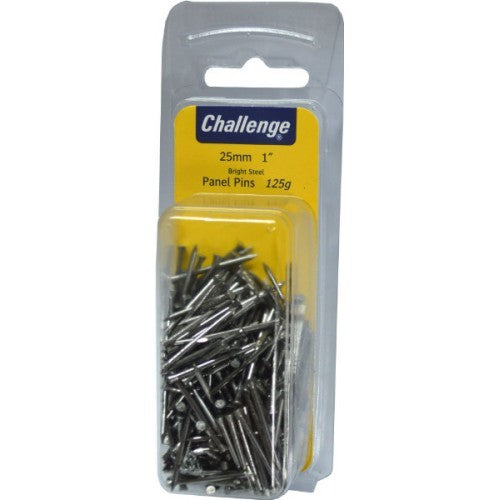 Bayonet panel pins in a 125g pack, 25mm long, zinc plated for rust resistance, ideal for delicate woodworking projects.