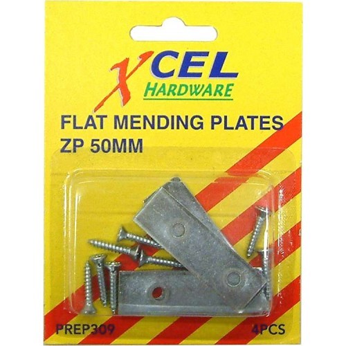 Flat mending plates (75mm) with predrilled holes for easy installation; includes 4 plates and screws, zinc plated for durability.