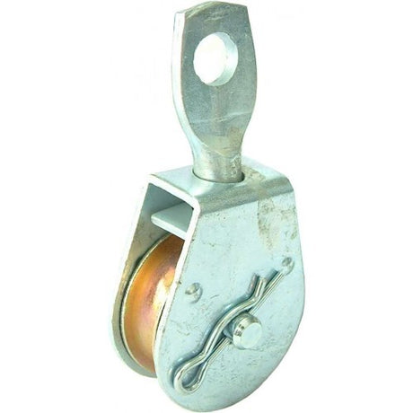 Durable 65mm zinc-plated steel pulley block with swivel eye, designed for efficient lifting and hoisting applications.
