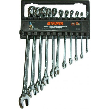 Truper 11 Pce Combination Wrench Set, metric sizes 6-22mm, made from chrome vanadium steel with extra-long handles and polished finish.