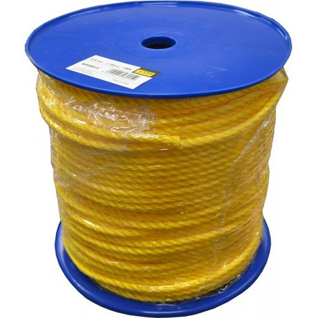 Vibrant Xcel Yellow 8mm polypropylene rope on reel, durable, lightweight, UV stable, ideal for marine and DIY tasks.