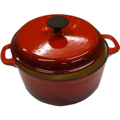 Enamel red and white 24cm round cast iron casserole pot, perfect for slow-cooking and oven-safe up to 220°C.