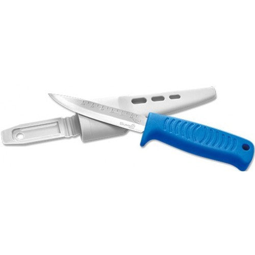 Bait knife with stainless steel blade, ergonomically designed handle, and protective plastic sheath for easy fishing preparation.