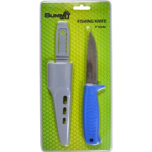 Stainless steel bait knife with ergonomic handle and plastic sheath, ideal for preparing lures for fishing.