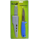 Stainless steel bait knife with ergonomic handle and plastic sheath, ideal for preparing lures for fishing.