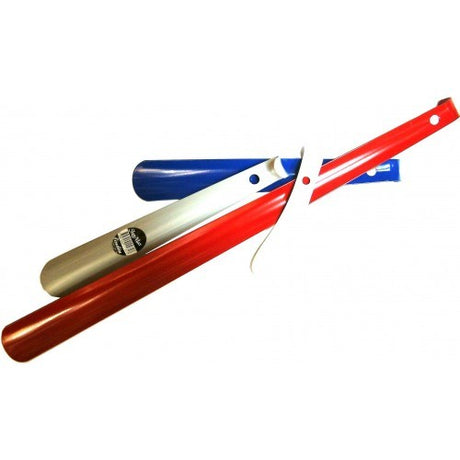 Shoe Max metal shoe horn in assorted colors, 16cm long, perfect for easily wearing shoes without damaging heels.