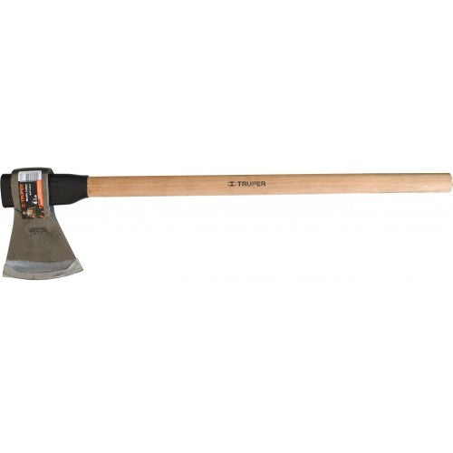 Heavy-duty Truper axe with 4.5lb carbon steel head and 36" polished oak handle, ideal for cutting and DIY projects.