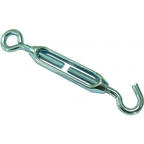 Open body alloy turnbuckle with eye bolts for tension adjustment in ropes and cables, suitable for indoor and outdoor use.