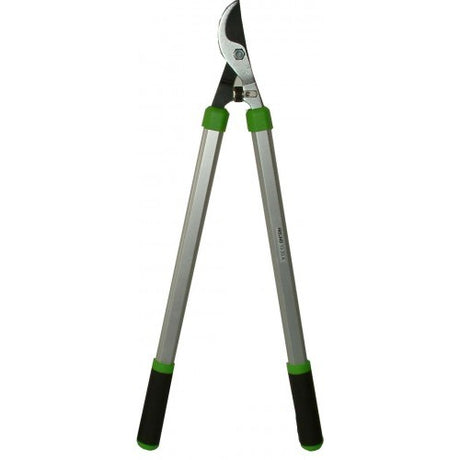 High-quality bypass lopper with 73cm aluminum handles, shock absorber, and ergonomic rubber grips for comfortable pruning.