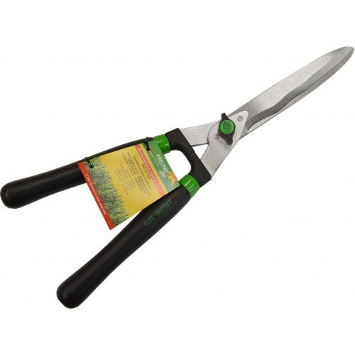 Lightweight hedge shears with 24cm wavy blades and ergonomic wooden handles for precise trimming of hedges and bushes.