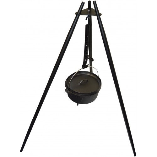 Campfire Cooking Tripod at 1.2m height, sturdy metal design for outdoor cooking over an open flame, adjustable for various pots.