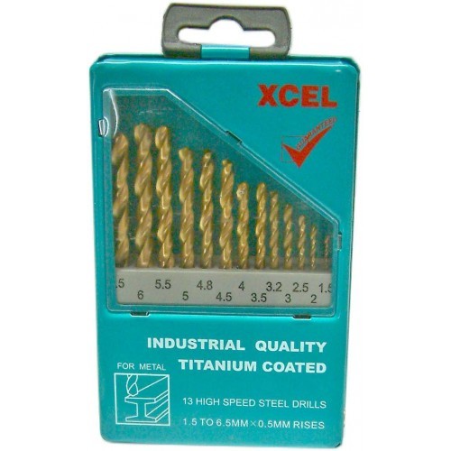 13-piece Titanium Xcel drill set in steel case, featuring durable bits with no-skate starts for optimal drilling performance.