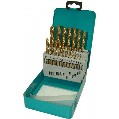 19-piece Titanium drill set in steel case, featuring durable bits with upgraded tips for precision and reduced friction.