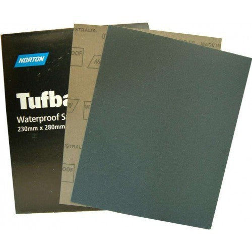 Tufbak 1000 grit wet & dry sandpaper pack of 50, featuring flexible waterproof sheets for smooth finishes on various surfaces.