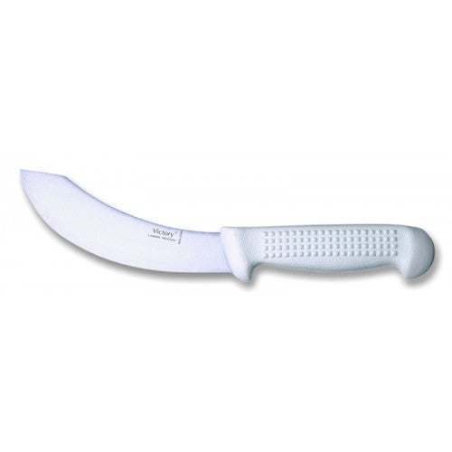 Ergonomic skinning knife with a 17cm carbon steel blade, designed for precision cuts in meat processing.