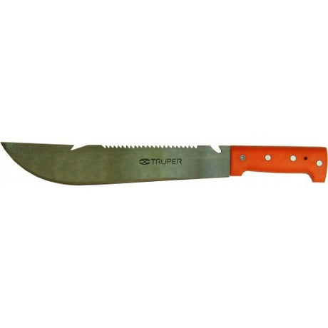 Machete with a 12" polished steel blade, rivetted handle for safety, ideal for outdoor cutting and gardening tasks.