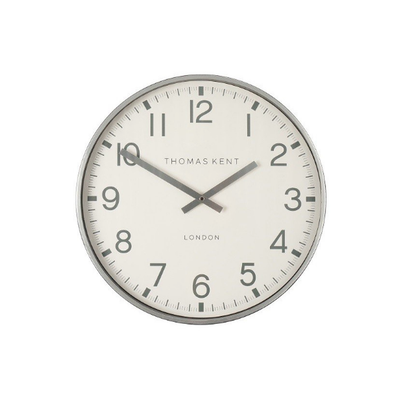 Sleek 30cm silver wall clock with glass lens, metal body, and step movement, designed by Nigel Waller for timeless elegance.