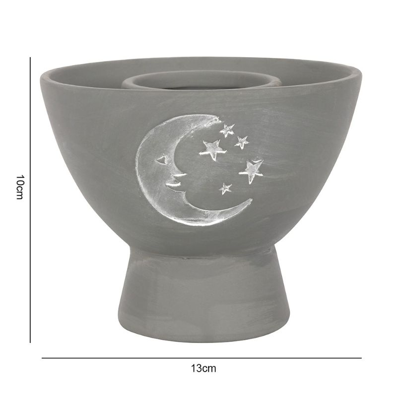 Moon Grey Terracotta Smudge Bowl featuring a crescent moon and stars design, perfect for burning sacred herbs.