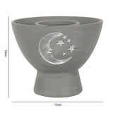 Moon Grey Terracotta Smudge Bowl featuring a crescent moon and stars design, perfect for burning sacred herbs.