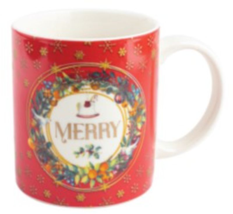 Traditional Red Merry Mug, festive ceramic design perfect for holiday drinks, microwave and dishwasher safe, ideal for gifting.