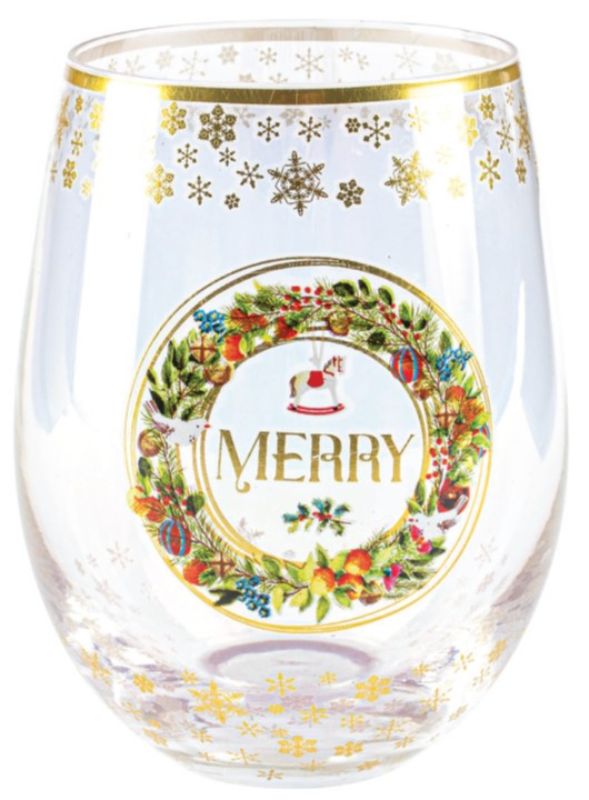 Elegant stemless glass in red, perfect for wine and cocktails; ergonomic and dishwasher safe for festive gatherings.