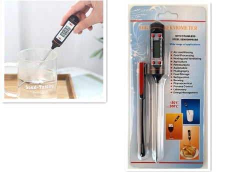 Digital thermometer (18cm) for precise temperature measurement in cooking and experiments, with easy-to-read display.