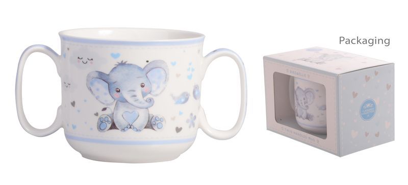 Set of 2 boys' ceramic mugs featuring cute baby elephant designs, perfect for little hands and mealtime fun.