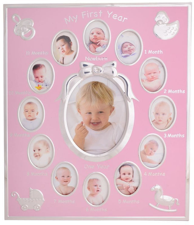 Photo collage for baby girls showcasing 13 cherished moments from her first year, perfect for nurseries and home decor.