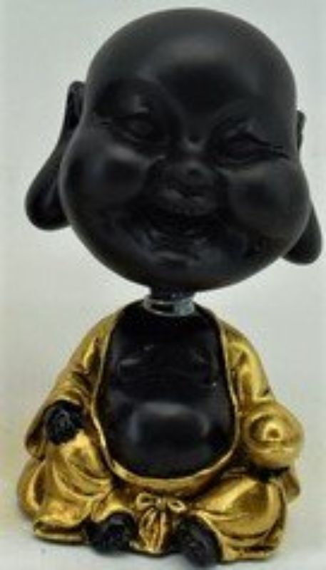 Bobblehead Happy Buddha in Black and Gold, 9.5 cm tall, symbolizes happiness and prosperity in stylish home decor.