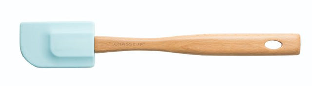 Duck Egg Blue silicone spatula with beech wood handle, safe for cookware, removable head for easy cleaning.