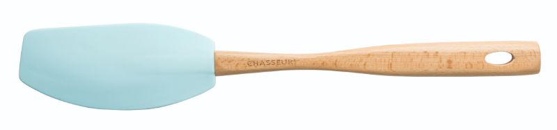 Chasseur Curved Spatula in Duck Egg Blue with silicone head and ergonomic wooden handle for versatile cooking and baking.