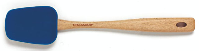 Chasseur Blue Spoon with silicone head and ergonomic wooden handle, perfect for preserving cookware while cooking.