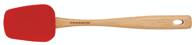 Vibrant red Chasseur silicone spoon with ergonomic beech wood handle, perfect for stirring and serving without scratches.