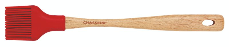 Chasseur red basting brush with silicone head and beechwood handle, perfect for elegant and scratch-free cooking.