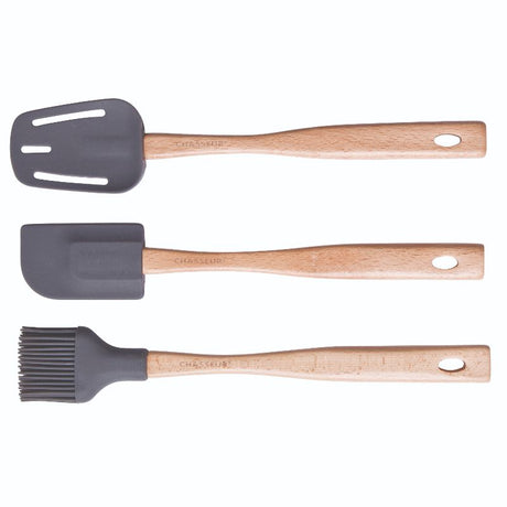 Spatula Brush Spoon Set in Caviar, featuring silicone heads and elegant beech wood handles for sophisticated, scratch-free cooking.